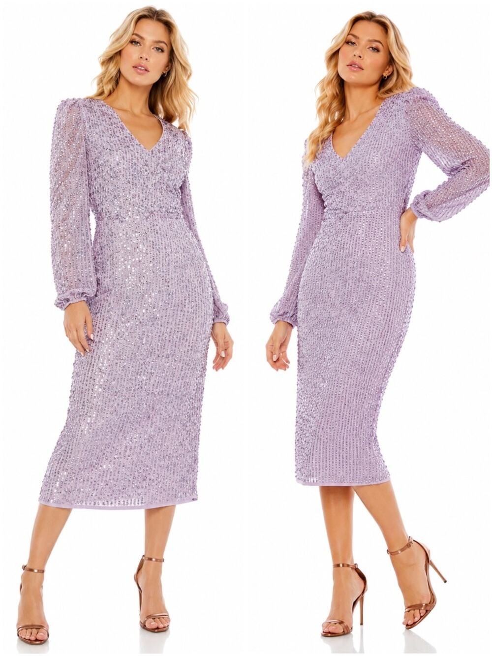 Mac Duggal Lavender Purple Sequin Puff Sleeve V Neck Midi Cocktail Dress 6 NEW